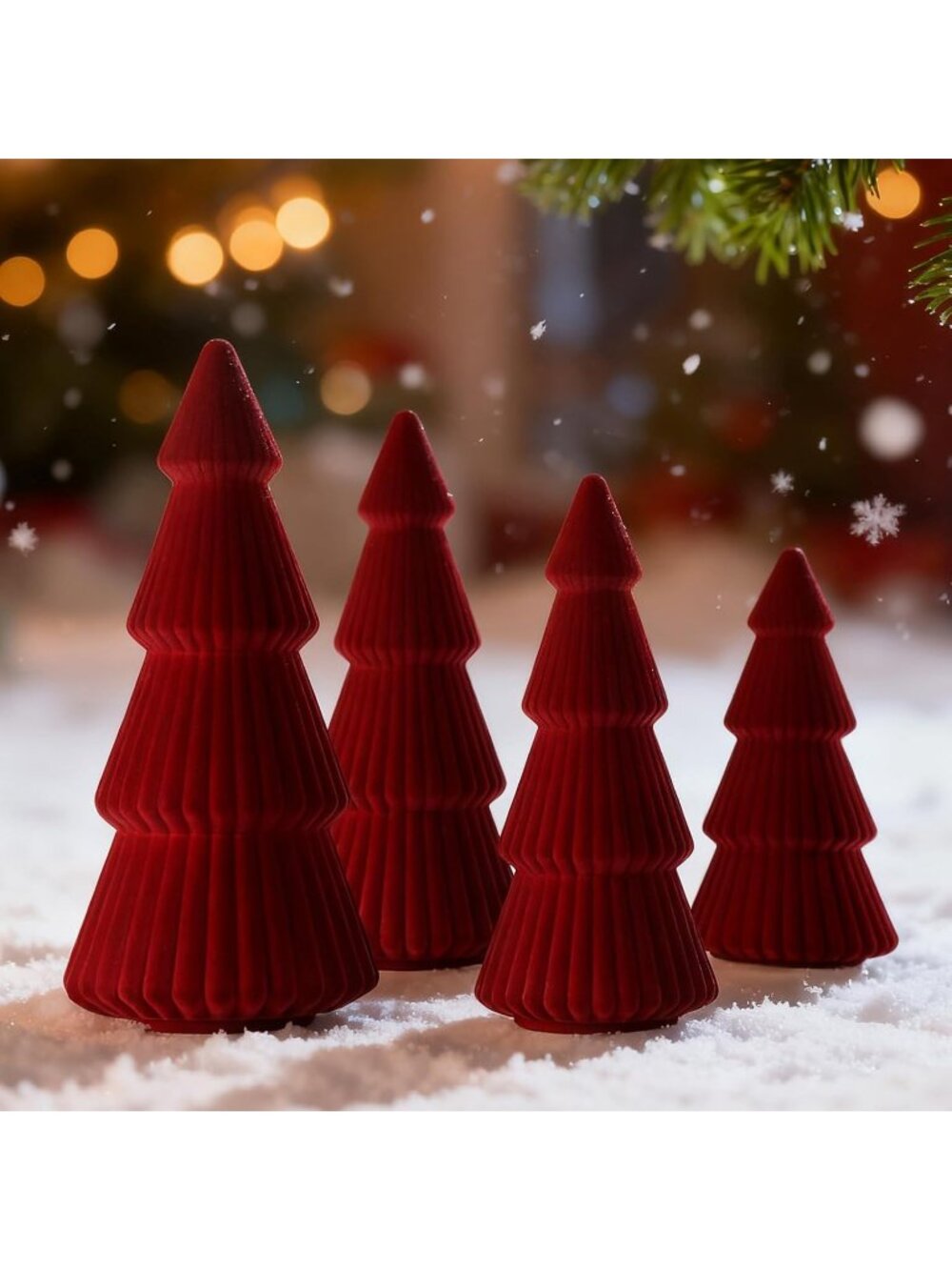 🎄4Pcs 6" 8" 10"Red Christmas Velvet Tree Figurine Decoration Xmas Cone Tree Set